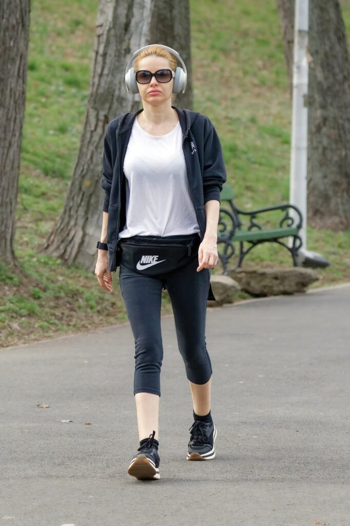 woman, young, casual, sunglasses, nature, earphones, walking, alley, park, trees, relaxation, spring, lifestyle
