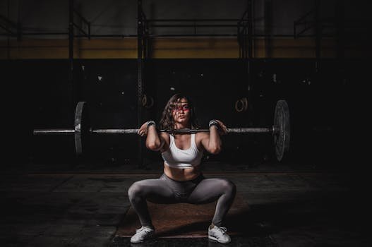 pexels-photo-1552249-1552249 A strong female weightlifter squats with a barbell in a dimly lit gym, showcasing power and fitness.