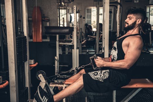 Muscular man focused on seated cable row training in an indoor gym setting.