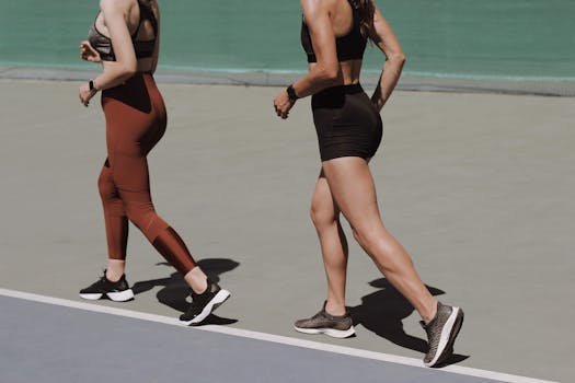 Two women walking on an outdoor track in sportswear, emphasizing healthy lifestyle and fitness.