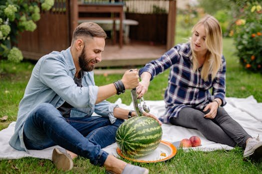 A couple enjoys a casual picnic outdoors, slicing a watermelon on a sunny day.